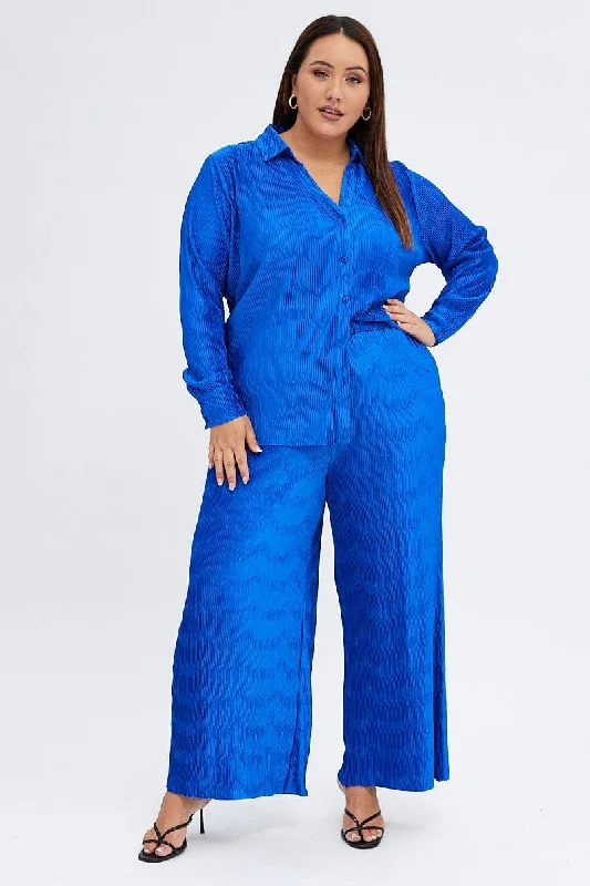 Blue Plisse Pants Wide Leg High Rise Casual Drawstring Pants