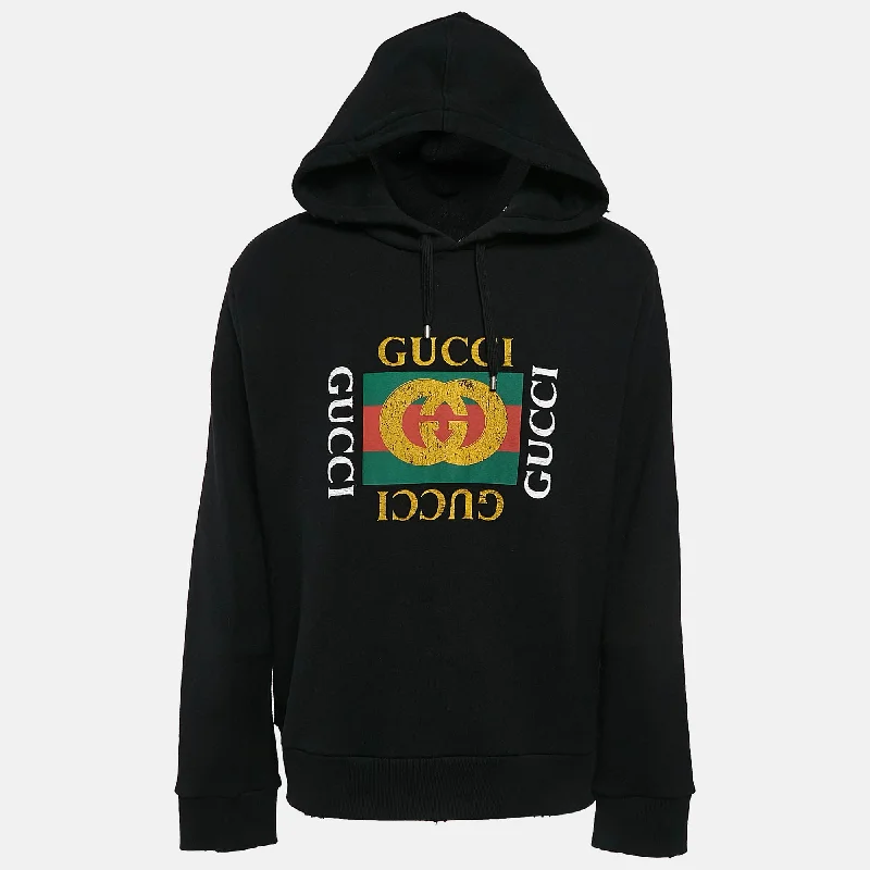 Gucci Black Vintage Print Cotton Knit Distressed Hoodie Hoodie with Button Placket Classic Preppy Gucci Black Vintage Print Cotton Knit Distressed Hoodie Hoodie with Button Placket Classic Preppy
