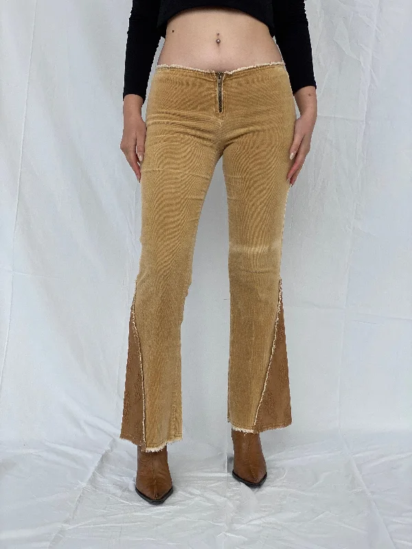 00s Forever21 Flared Lace Mid-Rise Beige Corduroy Pants - 38EUR High-Waist Trousers