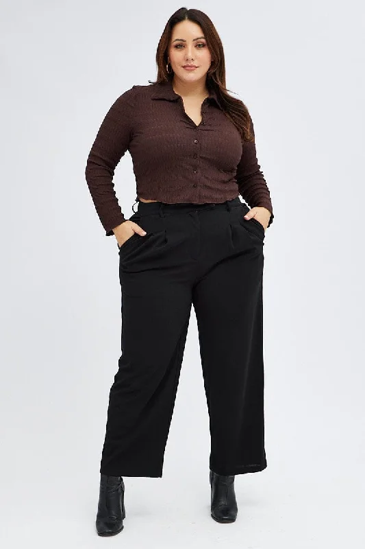 Black Tailored Pants High Waist Tab Pleat Front Relaxed Lounge Trousers