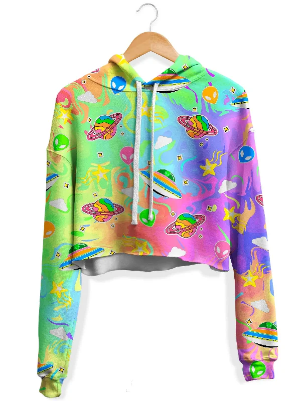 Trippy Alien Invasion Fleece Crop Hoodie Hoodie with Puffed Sleeves Voluminous Trendy