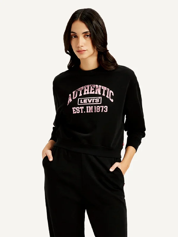 Women's Typography Black Crew Neck Sweatshirt Hoodie with Side Slits Relaxed Casual