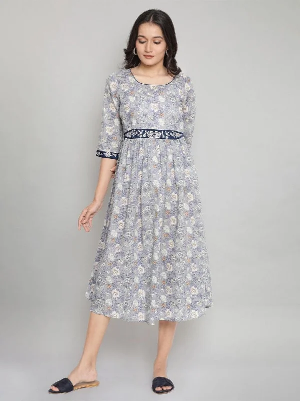 AURELIA Grey Floral Printed Midi Pure Cotton Dress