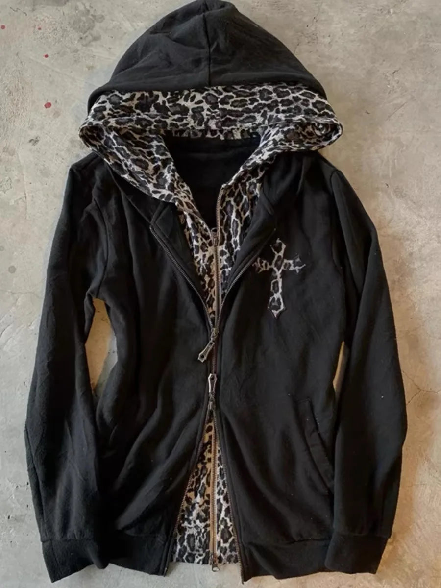 Advbridge Leopard Print Fake Two Hoodies Streetwear Harajuku Vintage Women Clothing long sleeve Zip up Hoodie men long sleeve Y2K Hoodie with Sequins Glamorous Eye-catching Advbridge Leopard Print Fake Two Hoodies Streetwear Harajuku Vintage Women Clothing long sleeve Zip up Hoodie men long sleeve Y2K Hoodie with Sequins Glamorous Eye-catching