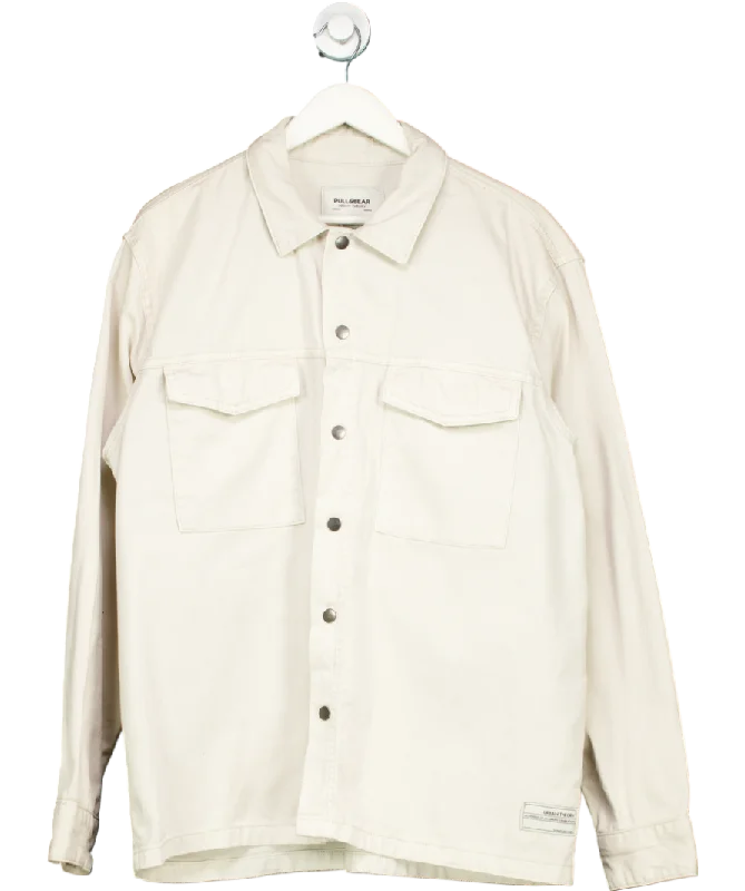 Pull&Bear Beige Collared Denim Jacket UK 12 Fleece Fabric Down Fabric Feather Fabric