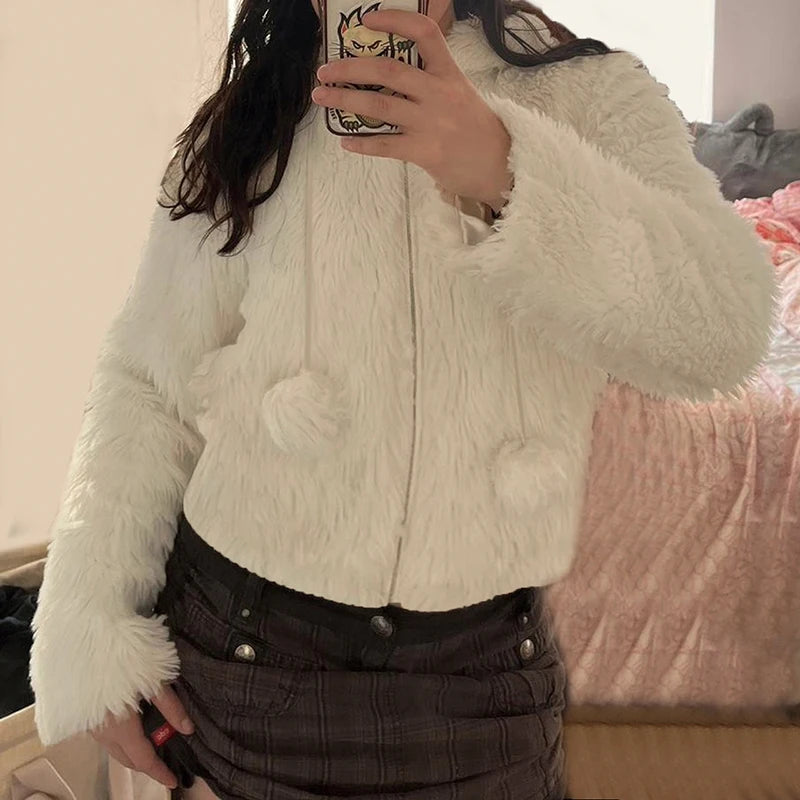 TAVIMART  -  Winter Fashion Faux Fur Crop Jacket White Pom-Pom Hooded Zipper Coat Women Streetwear Outfits Warm Casual Outwear Chenille Fabric Brocade Fabric Lace Fabric
