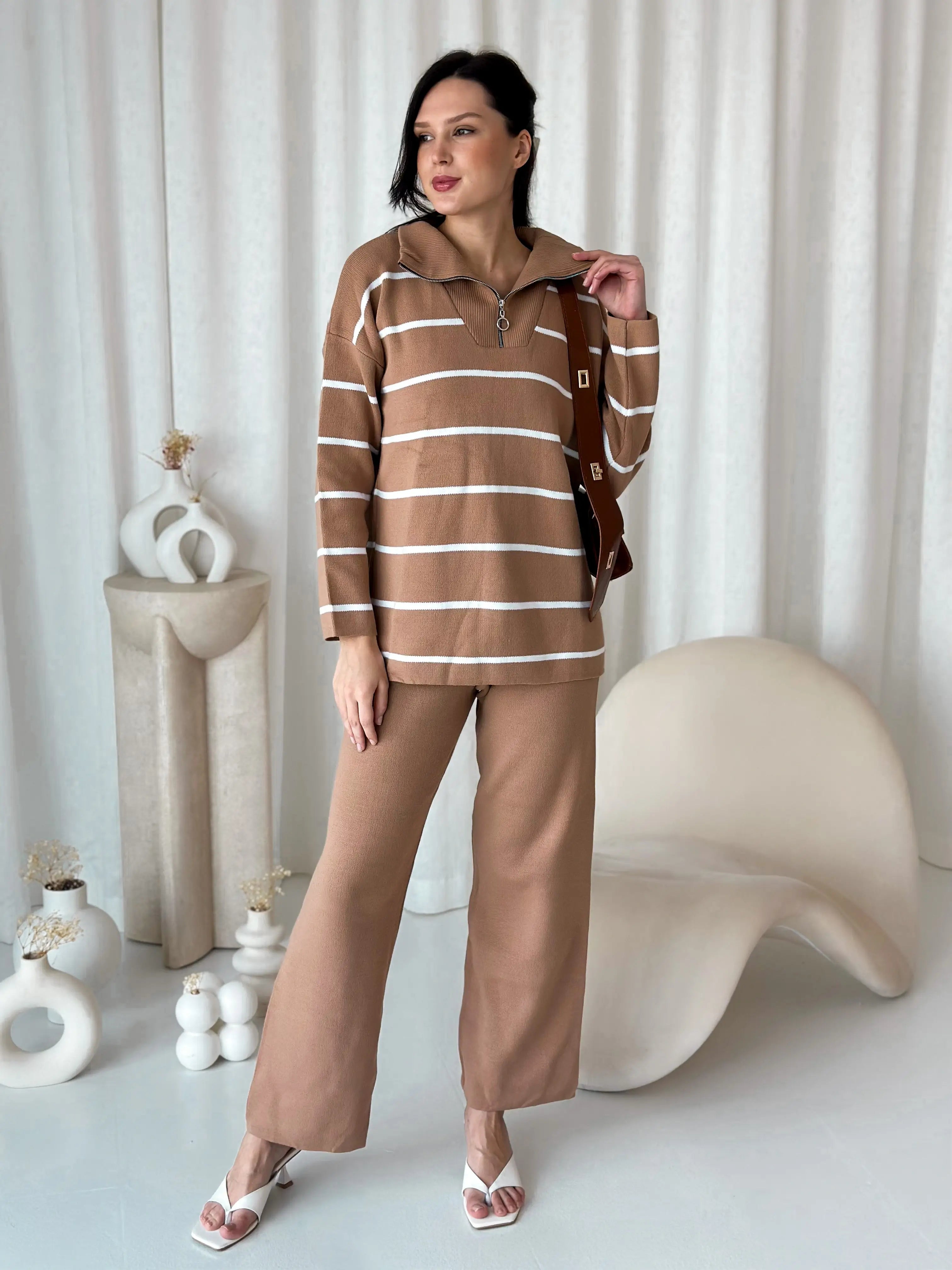 Falling Forward Sweater Co Ord - Beige High Neck Crew Neck V-Neck