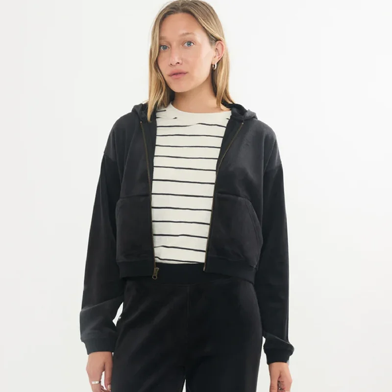 Velour Corduroy Heavyweight Zip Up Hoodie - Black Hoodie with Reflective Safety Nightwear