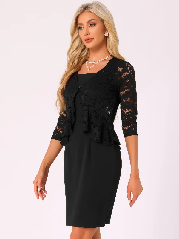 2 Pieces 3/4 Sleeves Lace Shurgs & Sleeveless Midi Sheath Dress Set Tunics Long Elegant