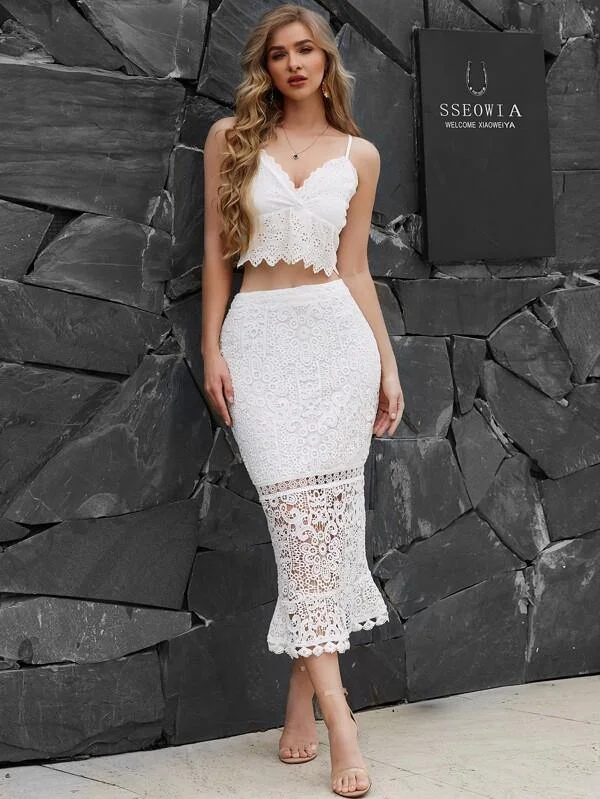 Yilibasha Fishtail Hem Guipure Lace Skirt leather skirt refined