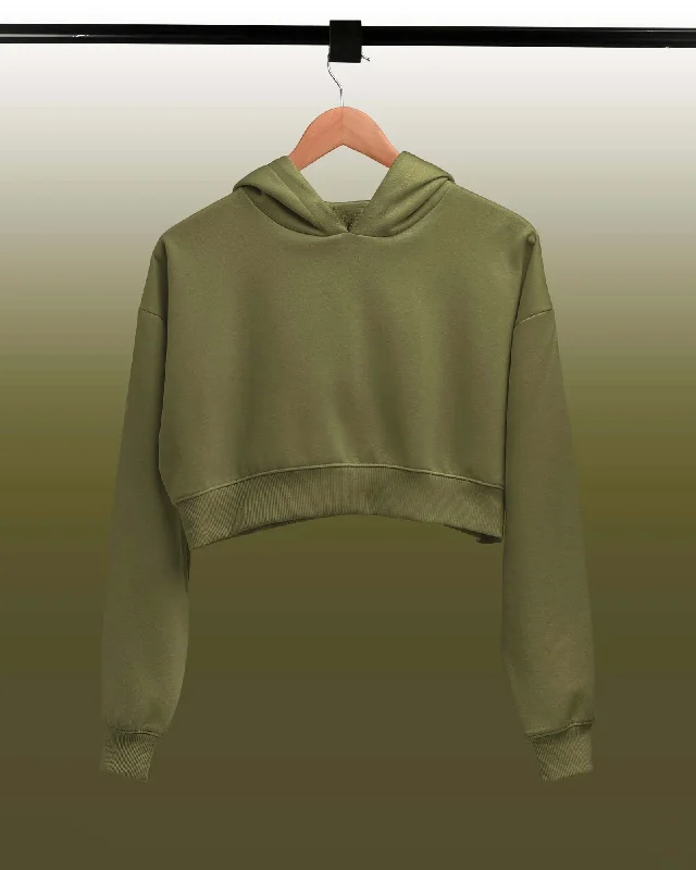 Drop Shoulder Crop Hoodie: Olive Green Hoodie with Toggle Buttons Decorative Unique