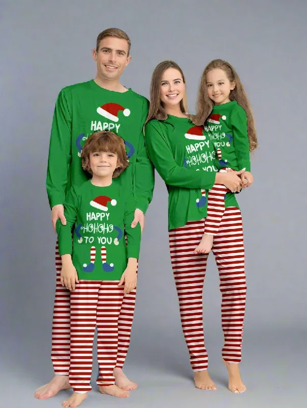 Family Matching Christmas Pajamas - "Happy Ho Ho Ho To You" Elf Design with Striped Pants Elegant Dress Pants