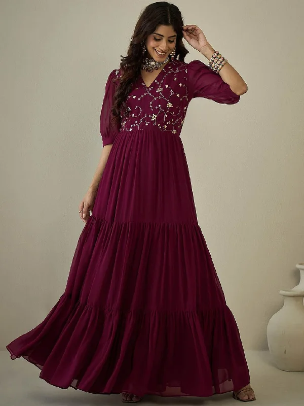 Inddus Embroidered Sequinned Tiered Maxi Ethnic Dresses