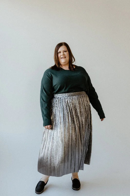 PLEATED MIDI SKIRT IN METALLIC SILVER denim skirt trendy