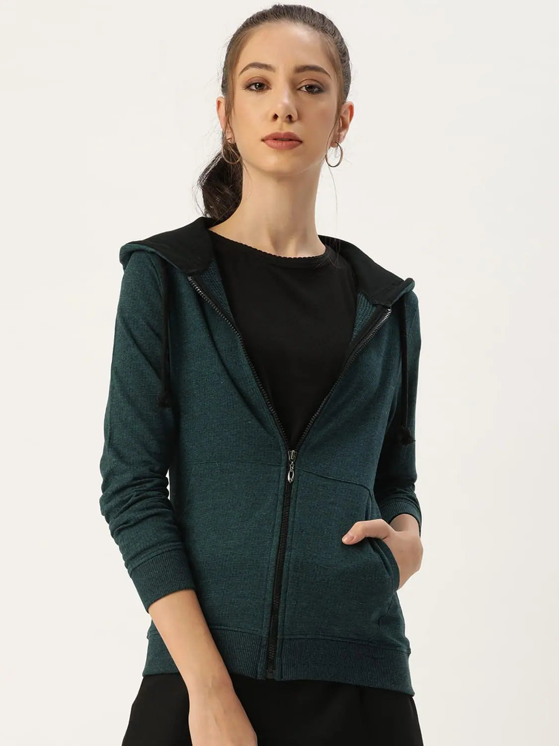 Women Solid Teal Full Sleeve Jacket Fleece Fabric Down Fabric Feather Fabric