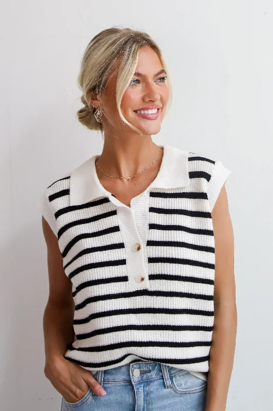Soft Serenity Ivory Striped Collared Sweater Top Iron Safe Non-Iron Wrinkle Free