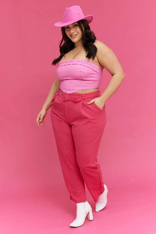 H Pink Slim Leg Pants High Rise Belted Trendy Wide-Legged Trousers