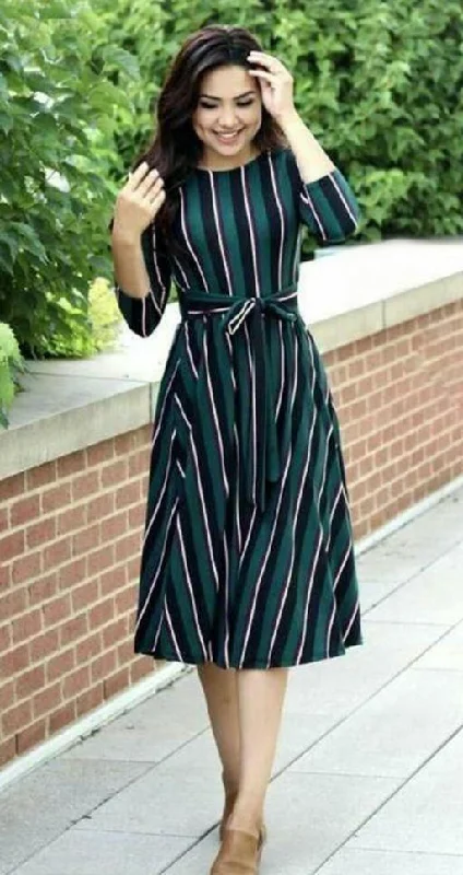 Women's Green With Black And White Striped A-line Dress