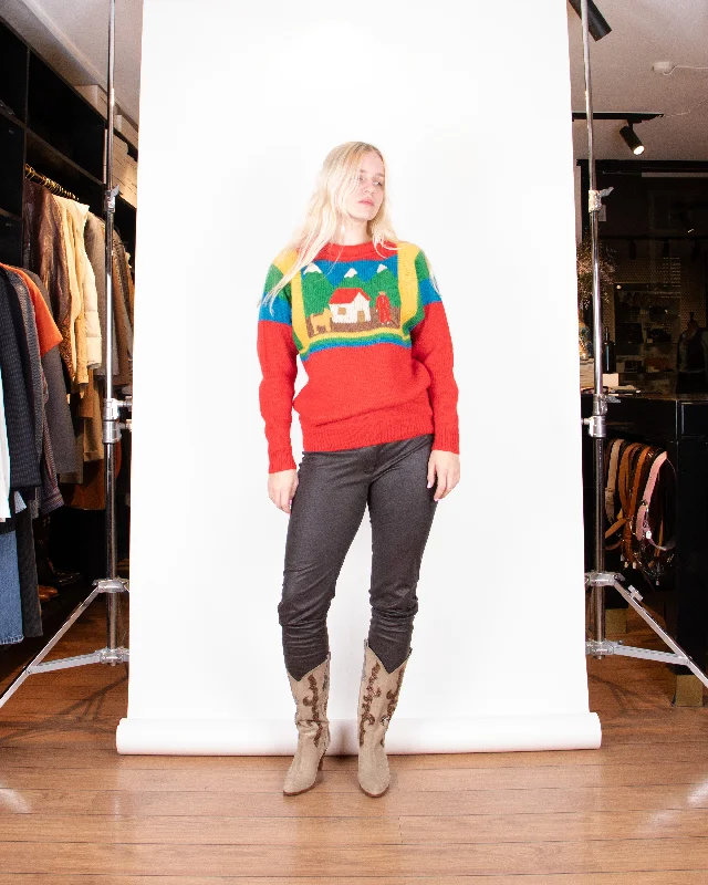 1980s Castelbajac for Iceberg Hand-Knitted Wool Sweater M Turtle Neck Boat Neck Asymmetrical Neck