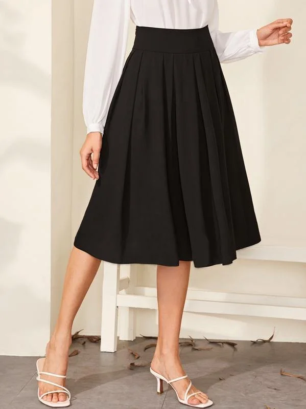 Wide Band Waist Pleated Solid Skirt denim skirt classic