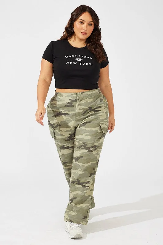Green Print Cargo Pants High Rise Camouflage Relaxed Linen Pants
