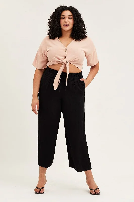 Black High Rise Linen Blend Paper Bag Wide Leg Pants Wide-Legged Palazzos