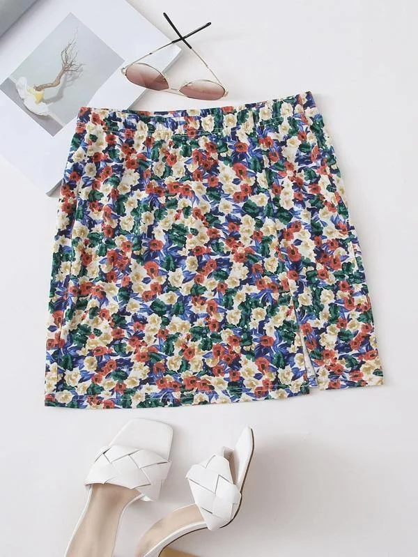 Allover Floral Print Split Hem Skirt asymmetrical skirt cut