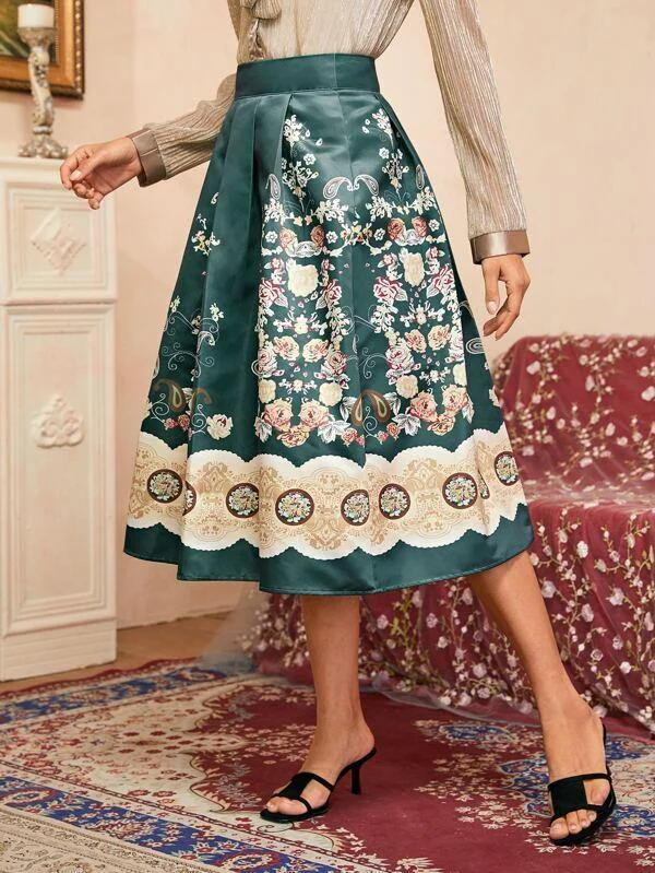 Fold Pleated Floral Print Satin Skirt linen skirt relaxed