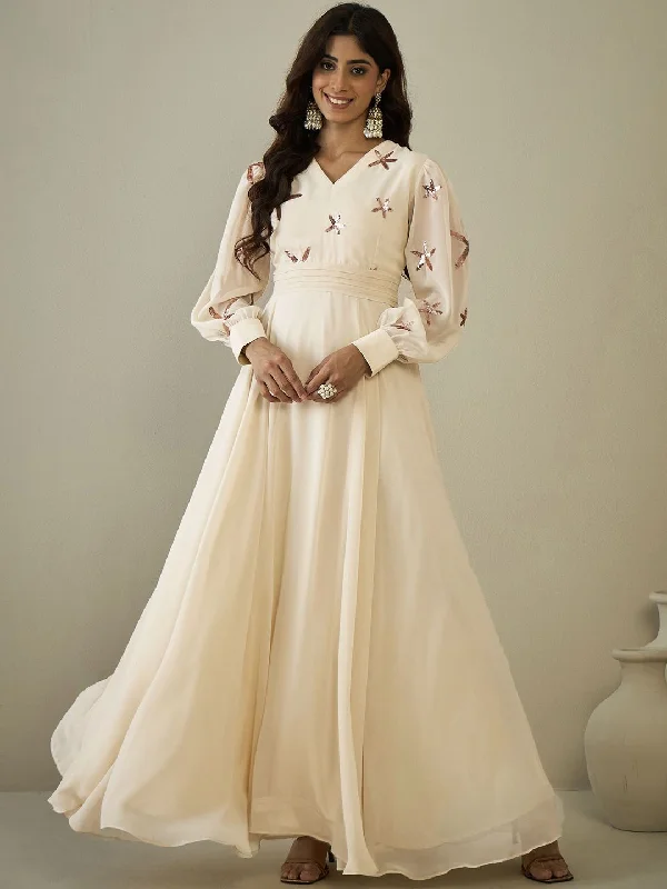 Inddus Floral Embroidered Sequinned A-line Ethnic Dress