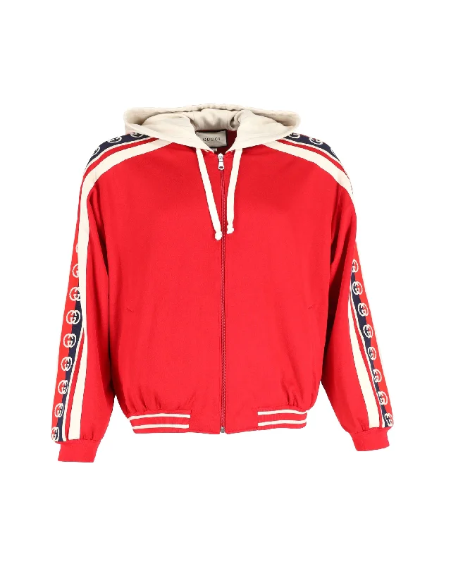 Gucci Web-Trimmed Zip-Up Hoodie in Red Cotton Hooded Sweatshirt Casual Wear Street Style