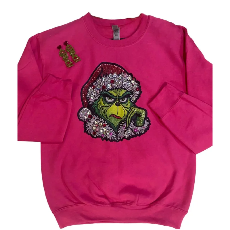 Women's Blinged Out Grinch Holiday Sweatshirt In Pink Hoodie with Hem Patch Decorative Personalized