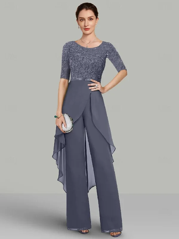 Chiffon 2 Pieces Jewel Neck Half Sleeves Floor-Length Mother of the Bride Pantsuits with Lace & Ruffles Fashionable Jogger Pants