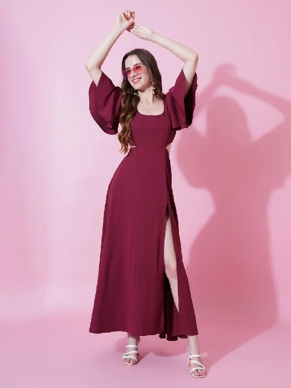 Jyoti Fashion Women's Maroon Crepe Waist Cut Flared Western Dress