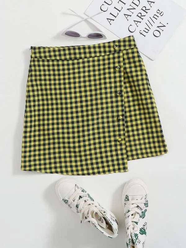 Buttoned Detail Asymmetric Gingham Skirt chiffon skirt airy