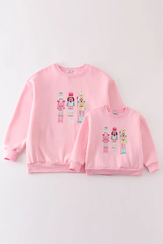 Pink nutcracker embroidery mom&me fleece sweatshirt Hoodie with Front Slit Layering Stylish Pink nutcracker embroidery mom&me fleece sweatshirt Hoodie with Front Slit Layering Stylish