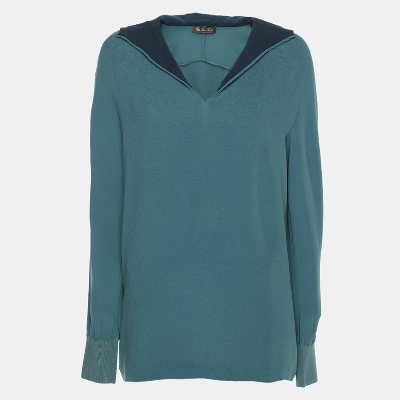 Loro Piana Blue Silk Hoodie Hoodie with Patch Decorative Personalized