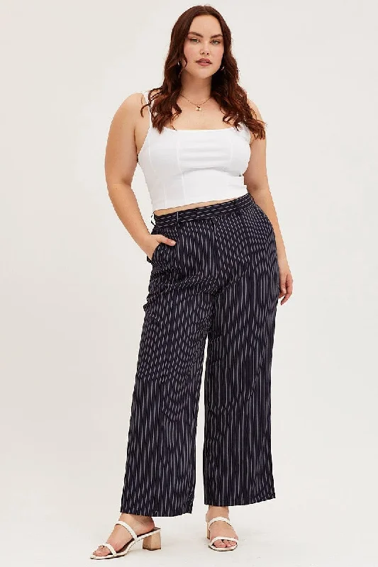 Stripe Wide Leg Pants High Rise Pin Seam Front Fashionable Work Pants