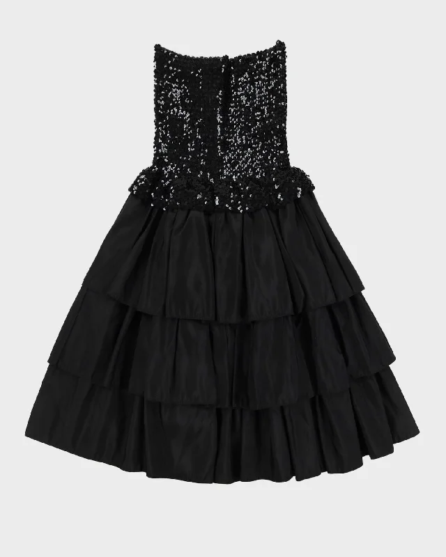 1990s Black Sequined With Tiered Skirt Cocktail Dress - S