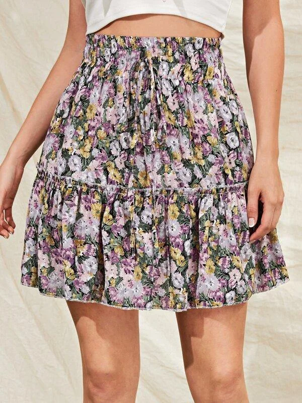 Floral Print Ruffle Trim Knot Front Skirt linen skirt natural