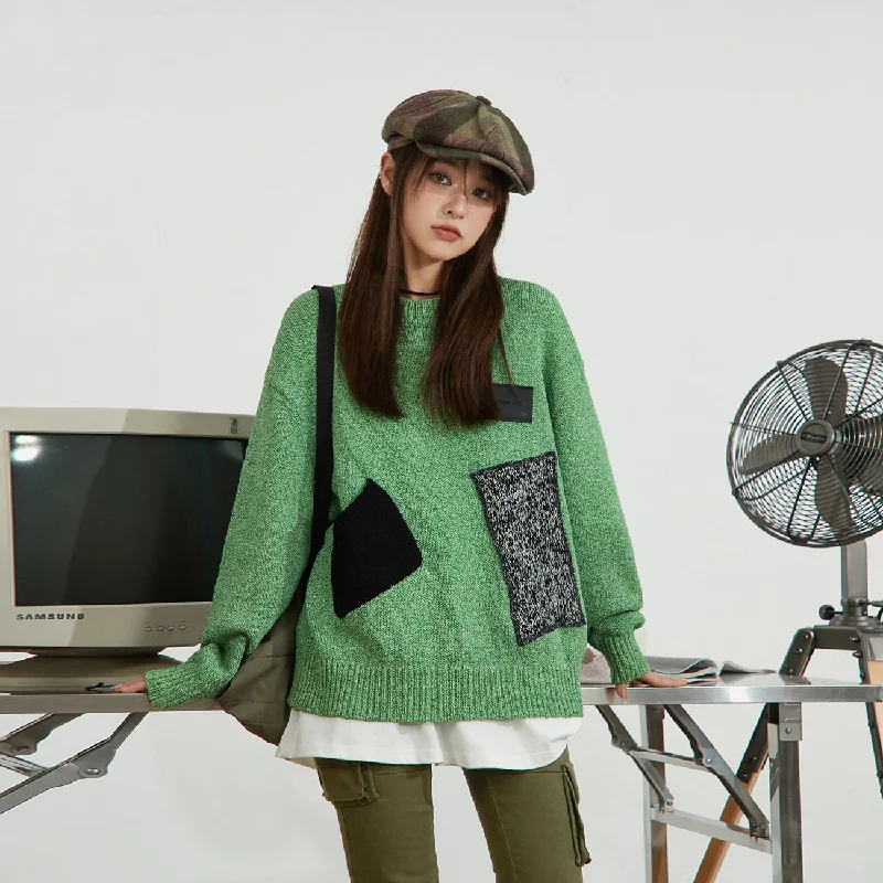 Patch Loose Fit Knit Sweater Turtle Neck Boat Neck Asymmetrical Neck