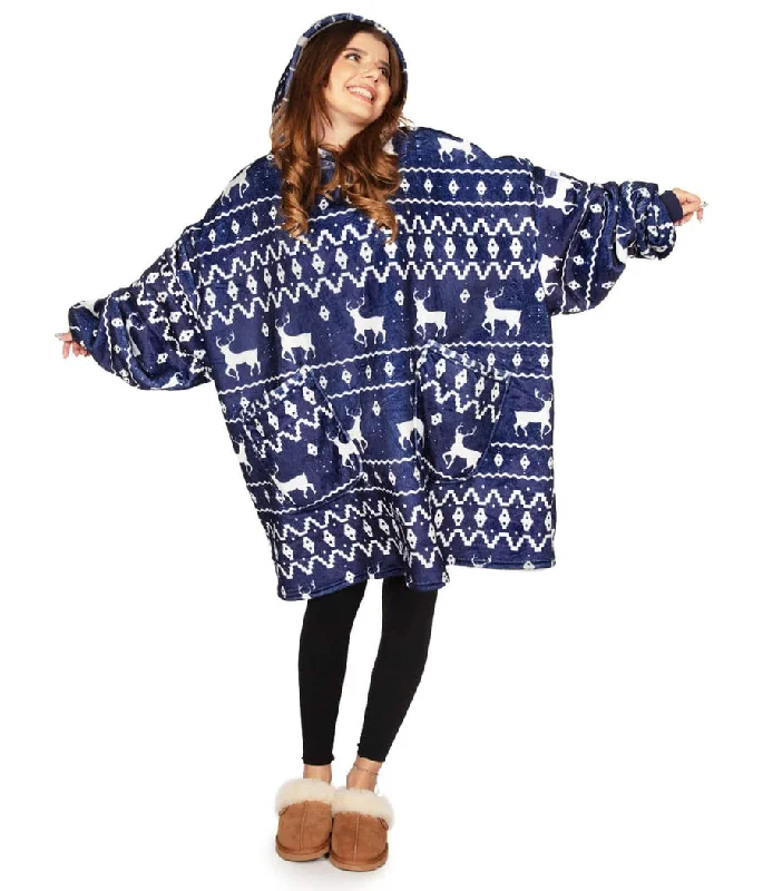 Blue Reindeer Blanket Hoodie Zip Hoodie Drawstring Kangaroo Pocket