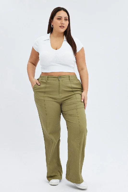 Green Wideleg Pants Seam Front Cotton Comfortable Maternity Pants