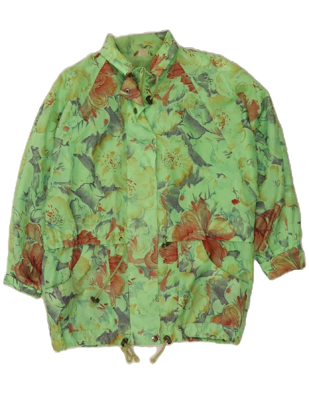 VINTAGE Womens Oversized Rain Jacket UK 10 Small Green Floral Polyester Zippered Front Buttoned Front Snap Front