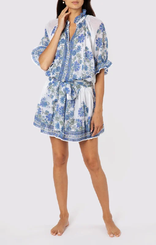 Blouson Dress In Rose Border Block Print With Slip White/Klein Blue