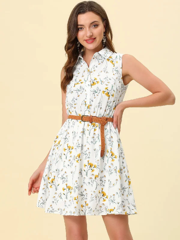 Printed Half Placket Above Knee Sleeveless Belted Dress Tunics Hiking breathable