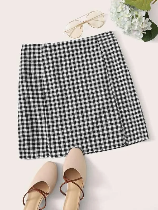 Zip Back Gingham Print Skirt chiffon skirt airy