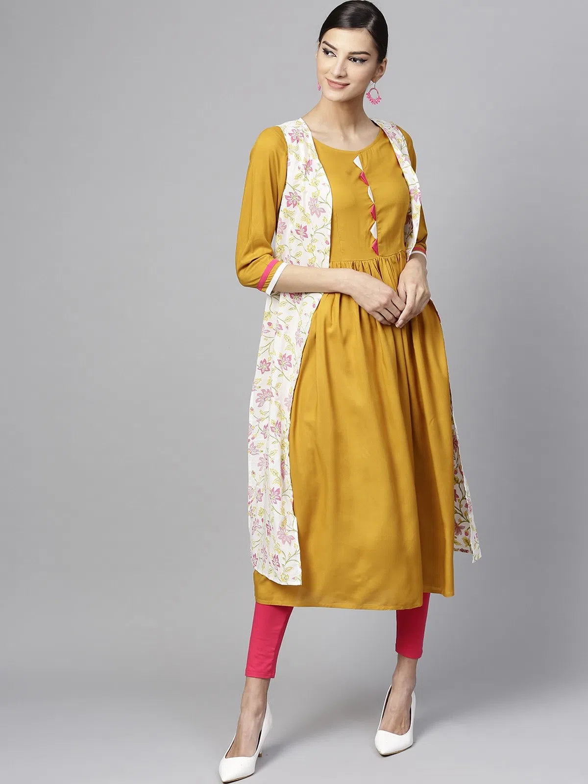 A Line Khadi Printed Kurta With Jacket A-Line Jacket Boat Neck Shawl Collar