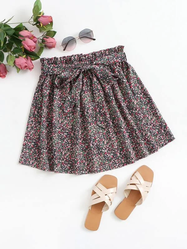 Ditsy Floral Print Paperbag Waist Belted Skirt cotton skirt soft
