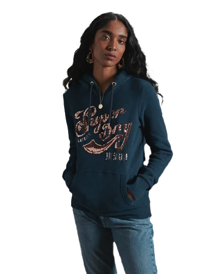 Script Sequin Hoodie in Navy Marl Hoodie with Snap Buttons Easy Quick
