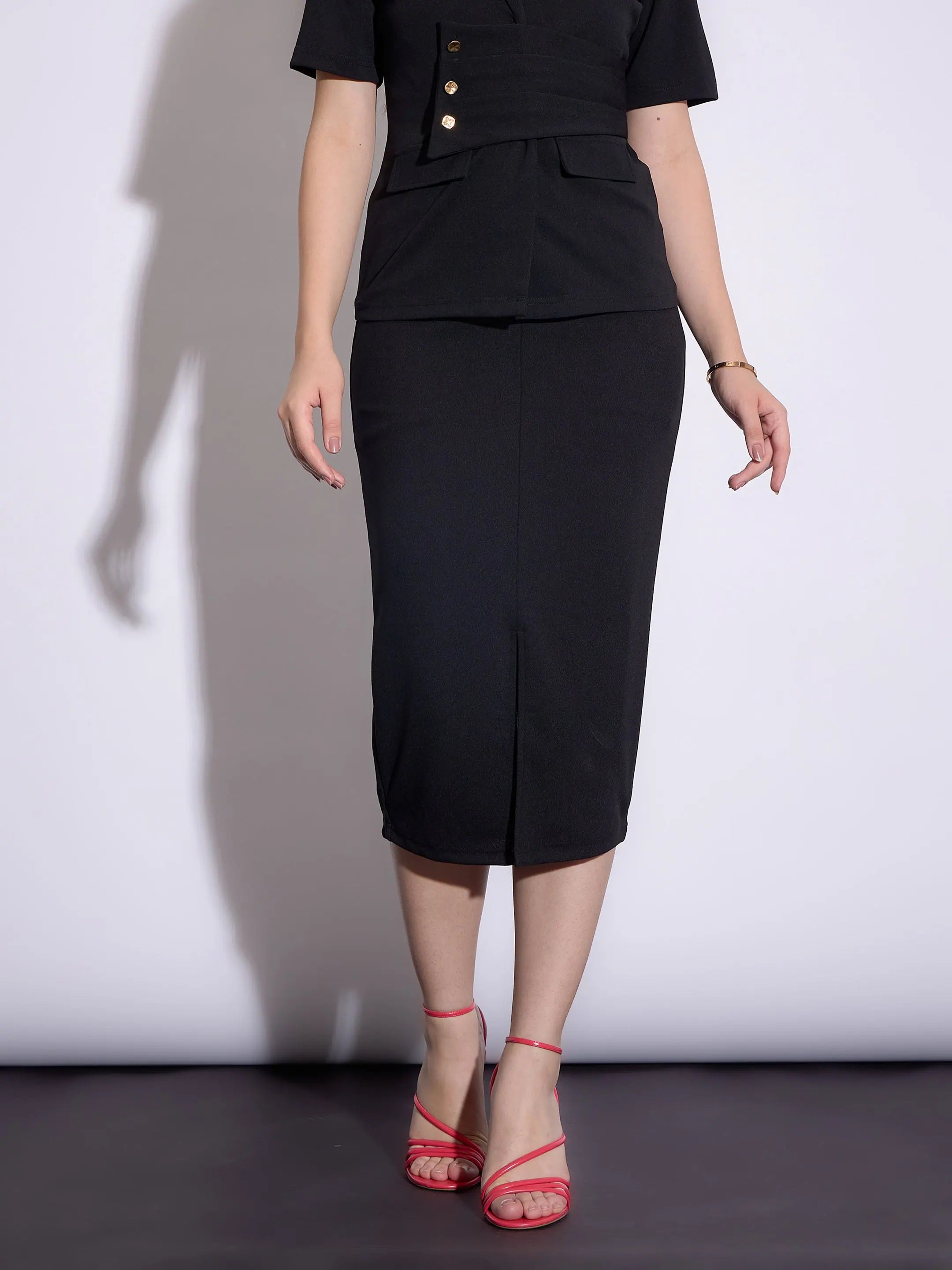 Women Black Front Slit Midi Skirt pencil skirt chic